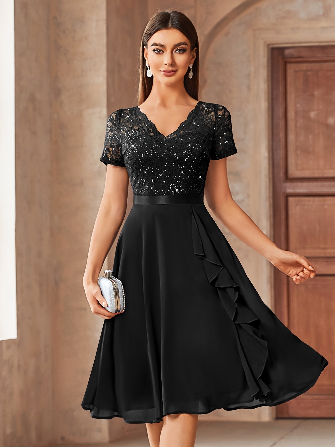 24224 Elegant Womens Sequin Lace Chiffon A Line Bridesmaid Dress, V Neck Short Sleeves, Ruched Ruffle Hem, Perfect for Graduation Season, Wedding Season, Summer Wedding Guest, Evening Party, Cruise Party And Birthday Celebration