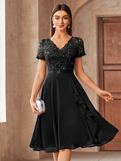 24224 Elegant Womens Sequin Lace Chiffon A Line Bridesmaid Dress, V Neck Short Sleeves, Ruched Ruffle Hem, Perfect for Graduation Season, Wedding Season, Summer Wedding Guest, Evening Party, Cruise Party And Birthday Celebration
