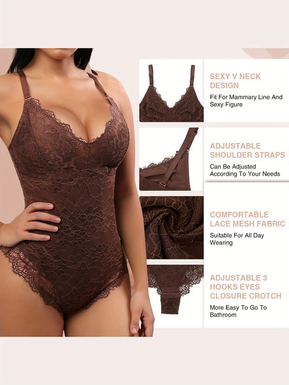 Sleeveless V-Neck Lace Bodysuit for Women, Tummy Control Shapewear Jumpsuit