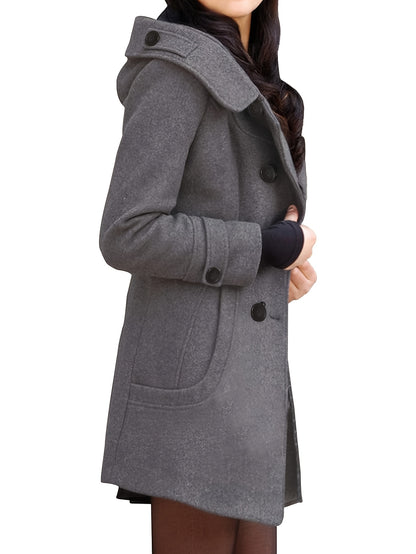 Women'S Hooded Double-Breasted Wool Blend Mid-Length Elegant Casual Coat