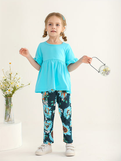 KuKitty Toddler Baby Girl Clothes Solid Color Flared Sleeve Ruffle Tops Sunflower Print Pants Outfits Set, Perfect for Outdoor