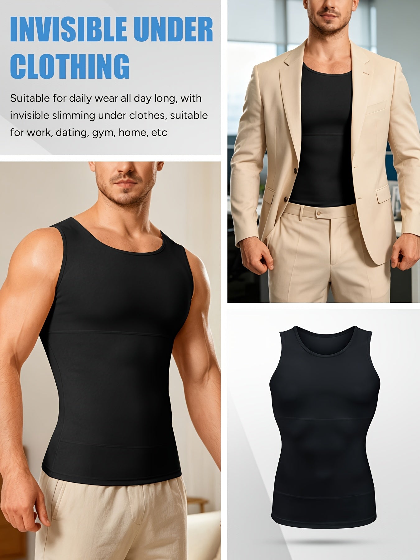 Men' Compression Shirt & Body Shaper Vest - High-Elastic Workout Tank Top with Abdominal Toning, Tight-Fit Shirt Suitable for Gym, Post-Surgery, Year-Round Wear, Solid Color Round Neck Undershirt