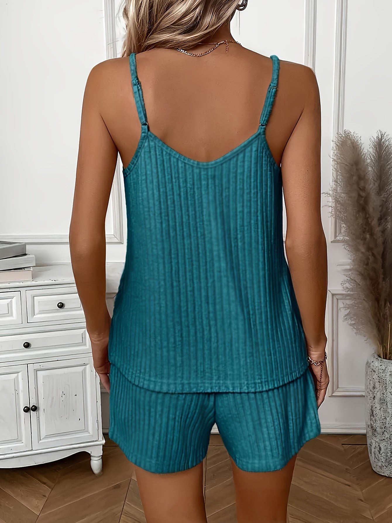 Women's Versatile Ribbed Solid Color Vest Top with Casual Shorts 2pcs Set