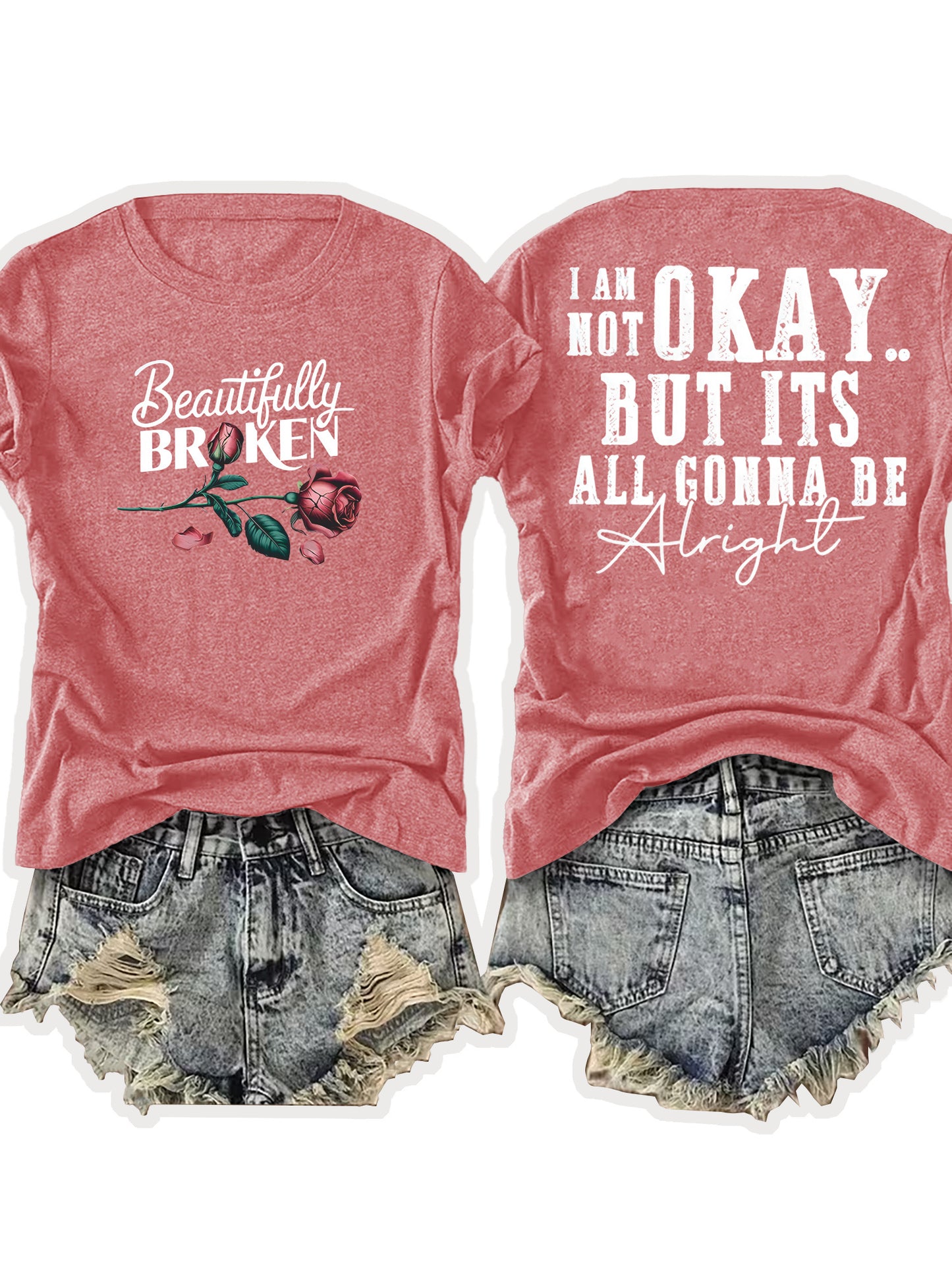 Ladies' European-Style Round Neck Short Sleeve T-Shirt for Summer, Lightweight and Breathable, Front and Back with Stylish Floral Prints and 'Beautifully Broken' Text, Perfect Comfort Fit for Daily Wear, A Versatile and Chic Choice for Laid-Back