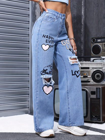 [High-Waisted Denim Pants] Casual Wide-Leg Denim Pants Featuring a High-Waisted Design with Heart And Letter Prints, Distressed Details