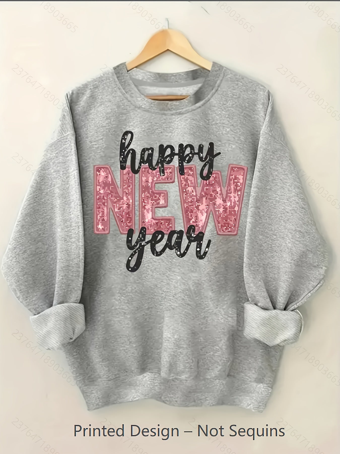 1pc Women'S Casual Crew Neck Sweater, Happy New Year Letter Graphic Print Long Sleeve Pullover for Autumn/ Winter, Grey Sweatshirt