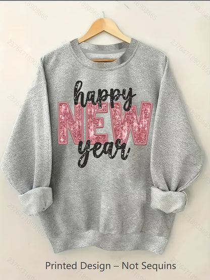 1pc Women'S Casual Crew Neck Sweater, Happy New Year Letter Graphic Print Long Sleeve Pullover for Autumn/ Winter, Grey Sweatshirt