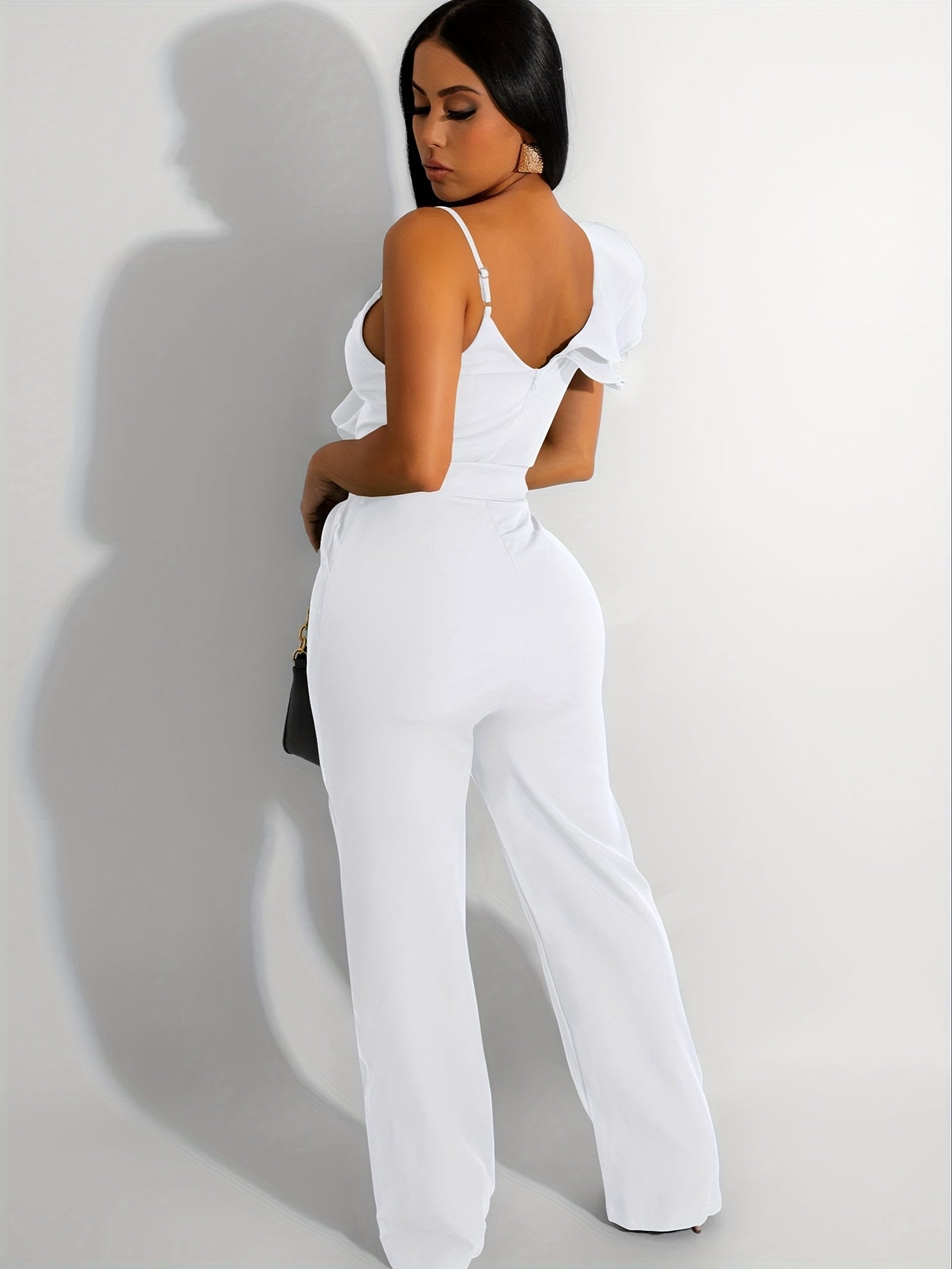Womens Casual 1pc Jumpsuits V-Neck Sleeveless Ruffle Elegant Romper Wide Leg Pant Sexy Party Clubwear Overalls