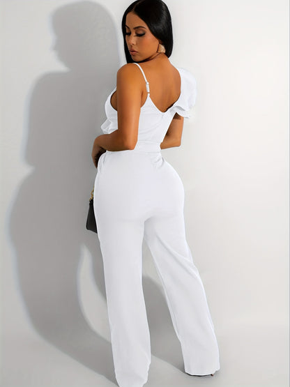 Womens Casual 1pc Jumpsuits V-Neck Sleeveless Ruffle Elegant Romper Wide Leg Pant Sexy Party Clubwear Overalls