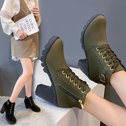Women's Winter Warm Ankle Boots:Boots for Women Thick Sole & High Heel - Black PU Cover, Side Zipper with Lace-Up Detail, Plain Toe | Chic Everyday Booties | Faux Fur Lined | Rubber Sole, US Size:6.5-10.5, Women Shoes