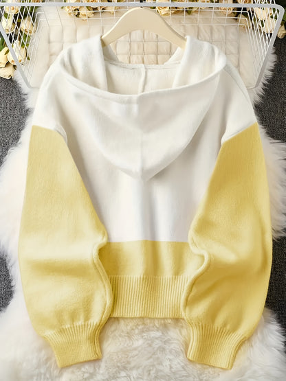 Plus Size - Fresh Pink & White Contrast Hooded Cardigan, Cozy Long Sleeve Cardigan with Button Details, Perfect for Fall/Winter