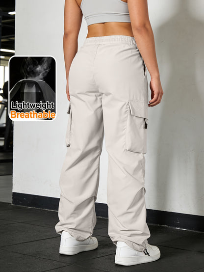 Women's Wide Leg Cargo Pants with Elastic Waist & Flap Pockets - Loose-Fit Trousers Suitable for Hiking, Jogging, Streetwear | Machine Washable Solid Black All-Season Pants for Gym, Outdoor, Daily Wear | Multi- Utility Pants