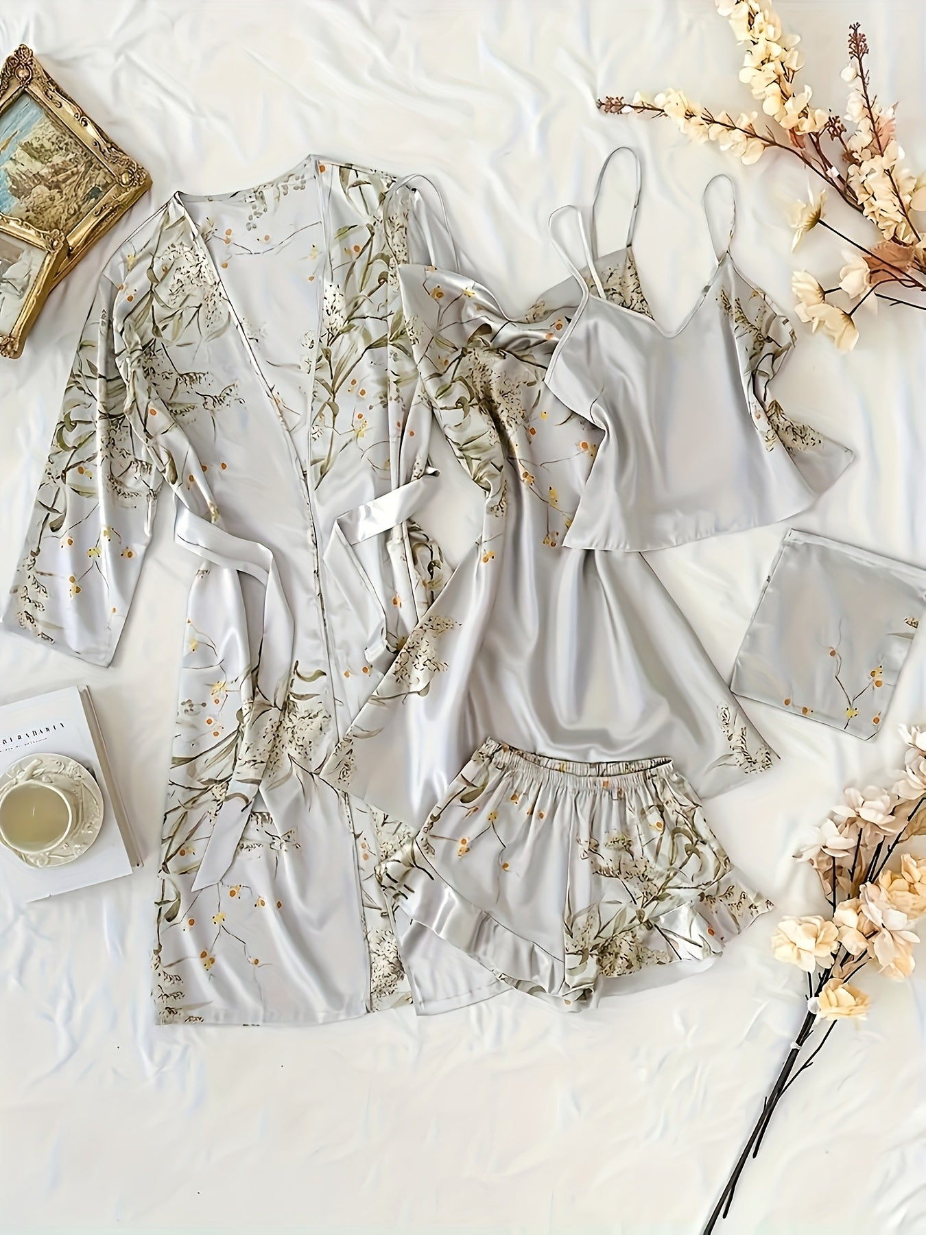 Women'S Printed Pajamas Set - Set (Including Robe, Short Suspender, Shorts And Skirt), Cherry Printed Pajamas, Loose, Soft And Comfortable