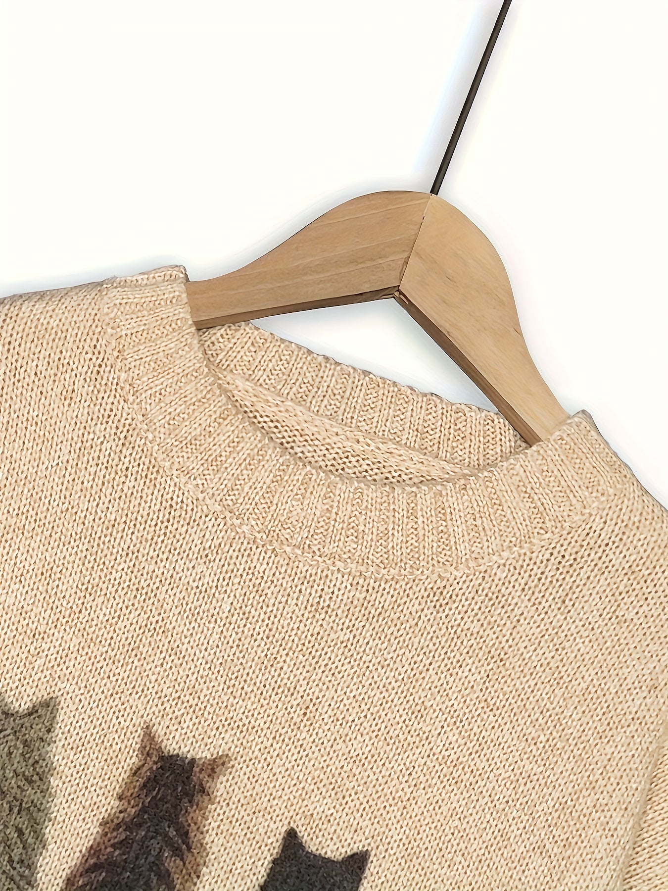 [Cozy Cat Sweater] Cozy Cable Sweater with Playful Cat Print | Women'S Beige & Brown, Loose Fit, Long Sleeve, Round Neck, Casual Spring And Autumn Top Ropa De Mujer Promotion Local Warehouse Discount