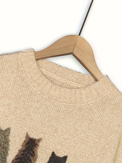 [Cozy Cat Sweater] Cozy Cable Sweater with Playful Cat Print | Women'S Beige & Brown, Loose Fit, Long Sleeve, Round Neck, Casual Spring And Autumn Top Ropa De Mujer Promotion Local Warehouse Discount
