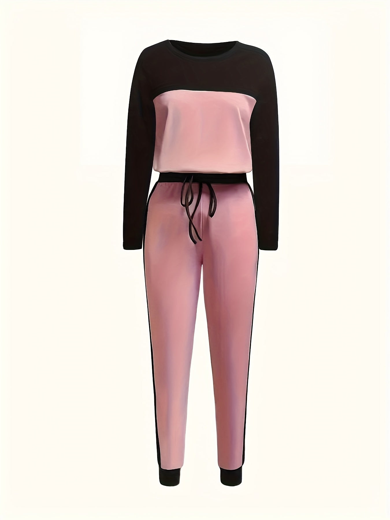 Fashionable Autumn And Winter Casual Elegant Color-block Round-neck Long-sleeve T-shirt with Pants Two-piece Set