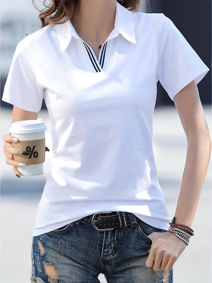 Women'S Casual V-Neck T-Shirt - Summer Short Sleeve Solid Color Top with Striped Collar & Waist Ribbon Detail, Machine Washable Regular Fit for Casual Attire, Comfortable Daily Tee, Stylish Ribon Detail, Smooth Fabric Tee