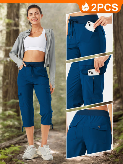 2pcs Women'S Cargo Capris Hiking Pants 50+ Quick Dry Outdoor Athletic Travel Lightweight Casual Loose Comfy Cute Pockets