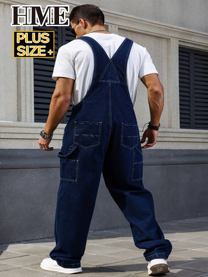 [ HME ] Men'S Workwear Plus Size Camisole Jumpsuit Denim Overalls, New Autumn And Winter Styles, Loose Straight Leg Jumpsuit Jeans, Street Trend Retro Style, Fashionable Casual Commuting Workwear Jumpsuit