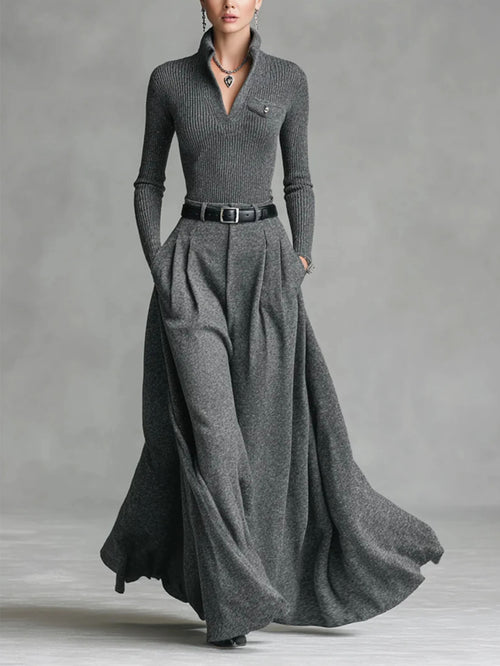 2pcs Set: Women's Grey Ribbed Top + Draped Wide-Leg Long Skirt Set | Relaxed & Luxurious Vibe, Ideal for Citywalk, Casual Gatherings, Spring & Summer, All-Season Styling