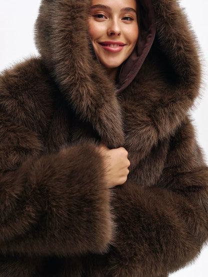 2026 Winter Women'S Pink Faux Hooded Coat, Warm Artificial Fox Overcoat, Stylish Plush Jacket
