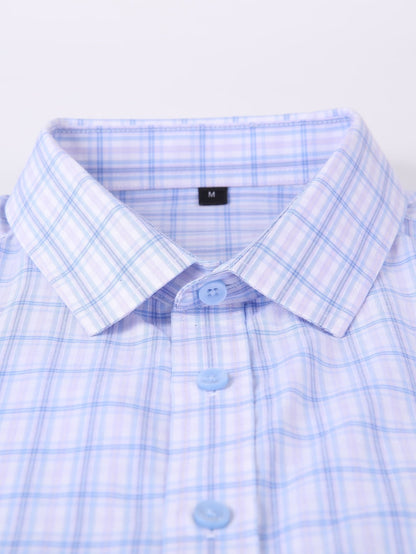 Men's Navy Blue & White Plaid Cotton Long-Sleeve Shirt - product view 27