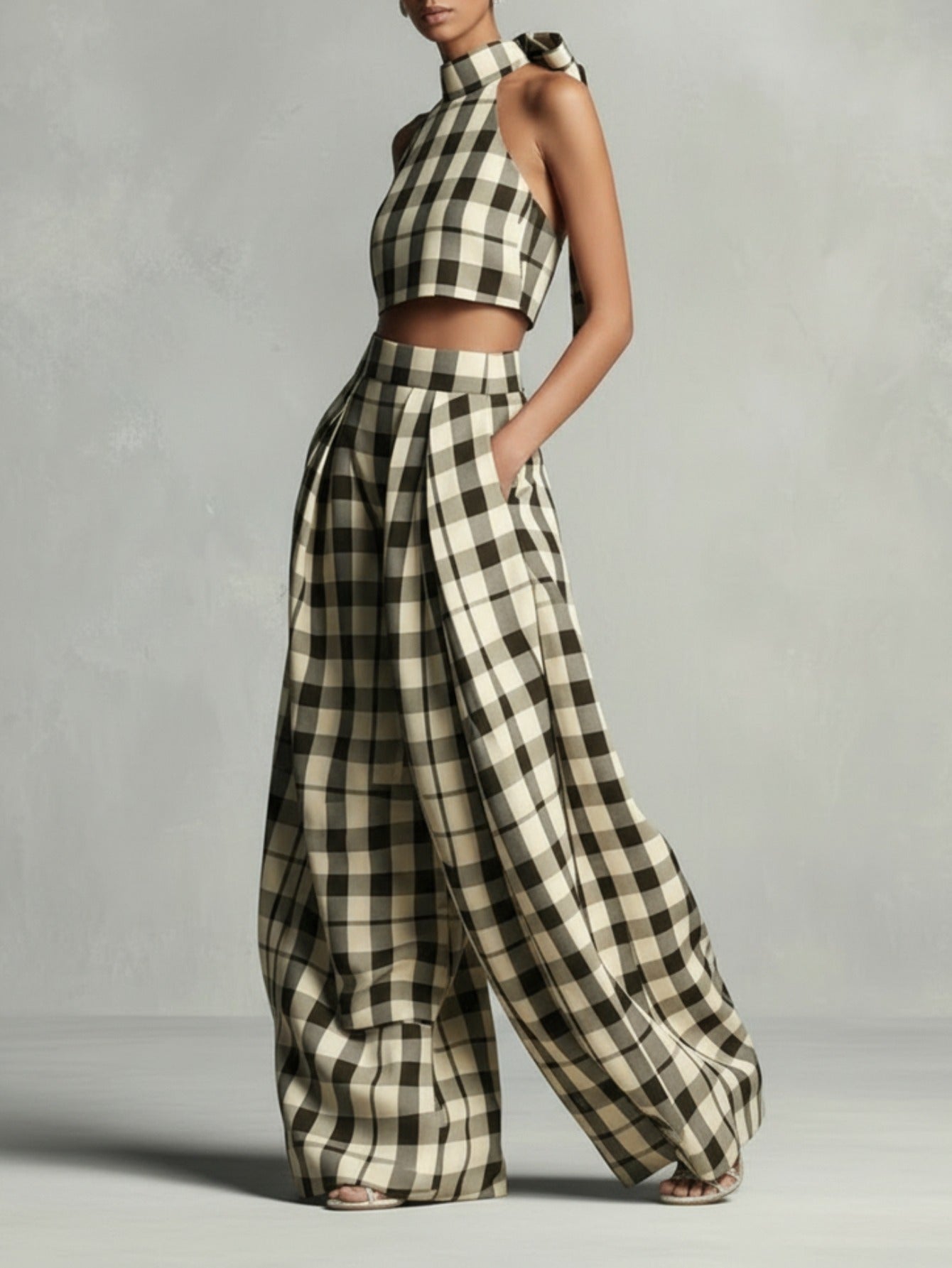 Beige-Brown Plaid Halter Crop Top And Wide-Leg Lantern Pants Set | Retro Elegant Mature Style Design, Suitable for Date Dinners, Luxury Parties, Daily Outings And More