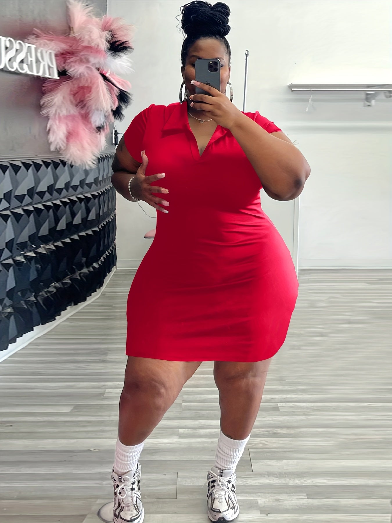 Plus Size - Plus Size - Solid Color Midi Dress with Lapel for Plus Sizes