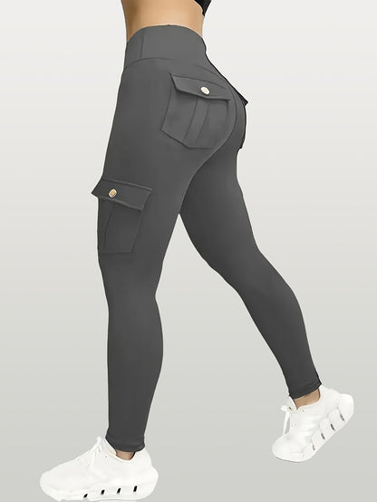 1pc High-Waisted Cargo Pocket Yoga Pants, Stretchy Skinny Sports Leggings, Quick-Dry Running Workout Pants, Butt Lifting, Street Style, Women's Fitness Trousers