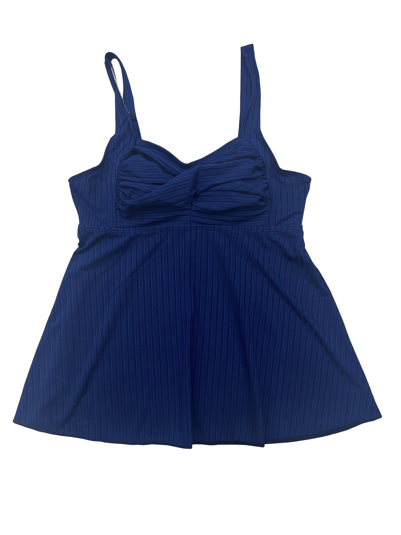 Women's Large-sized Design-inspired Tankini 2pcs Swimsuit Set, with Crossed Pleated Ruffled Skirt at the Front, Square-neck Striped Top Paired with Flat-leg Tropical Print Shorts. Ideal for Beach and Resort Holiday Parties.