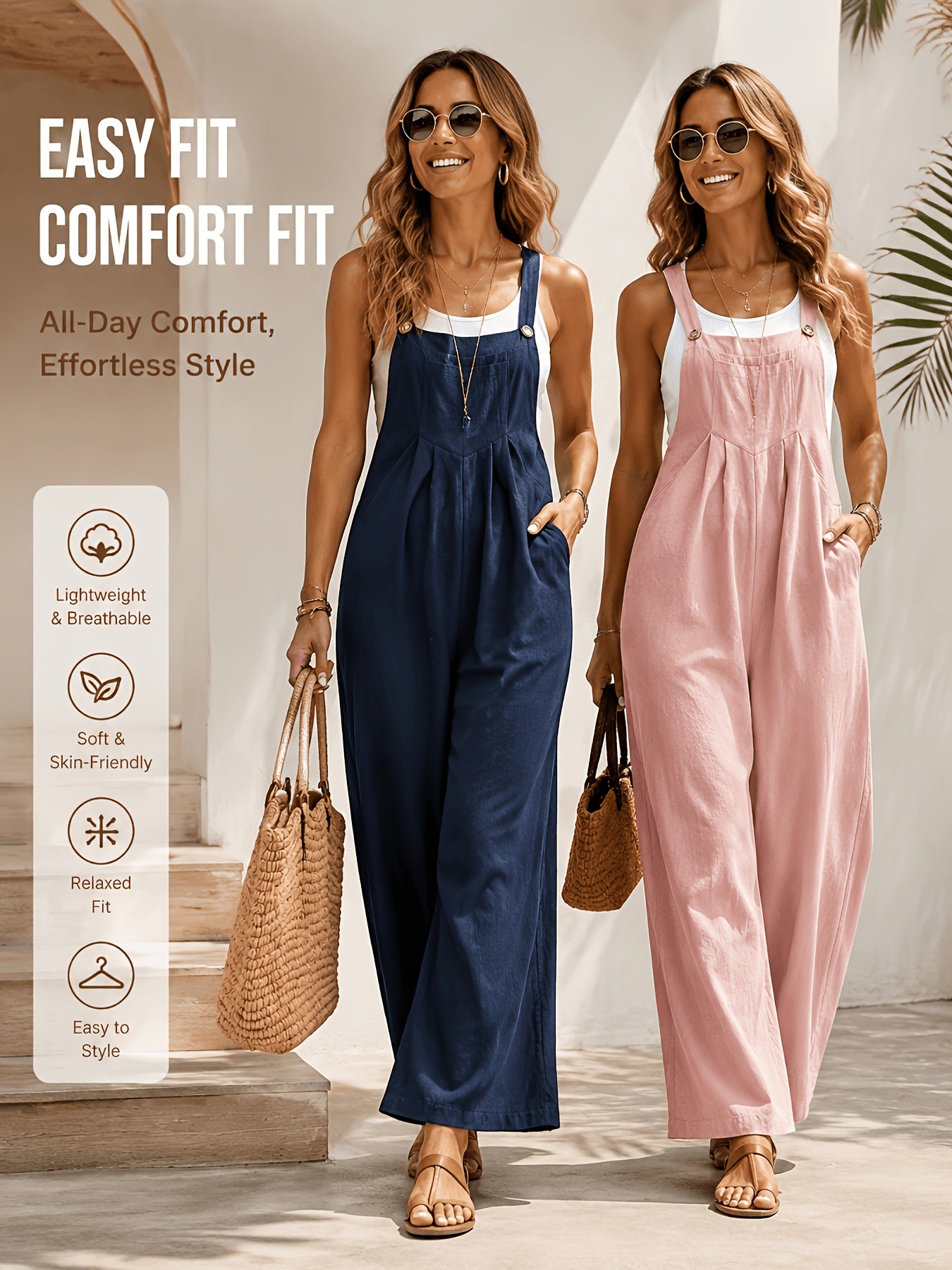 Retro Style Women'S Jumpsuit with Wide Legs, Mid-Rise Solid Color Overalls for Casual Daily Wear, Effortless Boho Chic One-Piece Pants