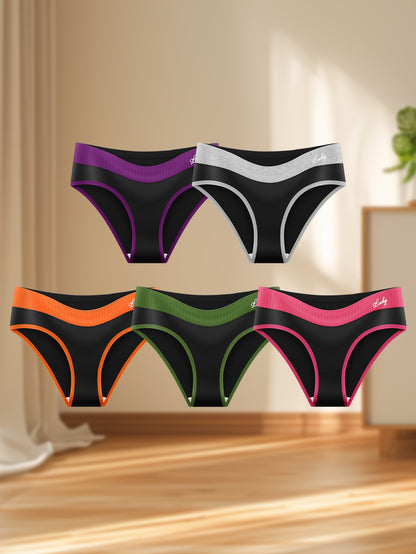 5pcs Women'S Colorblock Sliky Fiber Fabric Briefs - Breathable, High-Elasticity, No-Show Underwear, Comfort Fit, Mid-Rise, Letter Pattern, Black & Neon Green, Sexy Briefs | Midrise Underwear | Smooth Texture
