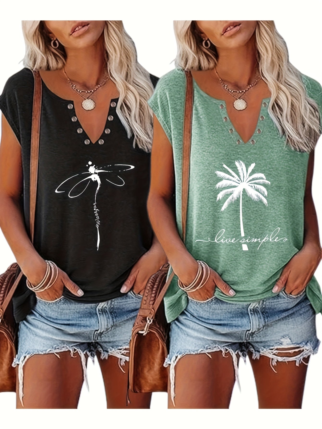 Two-piece Women's European And American Fashion Printed Blouse Button- V-neck Sleeve Vest