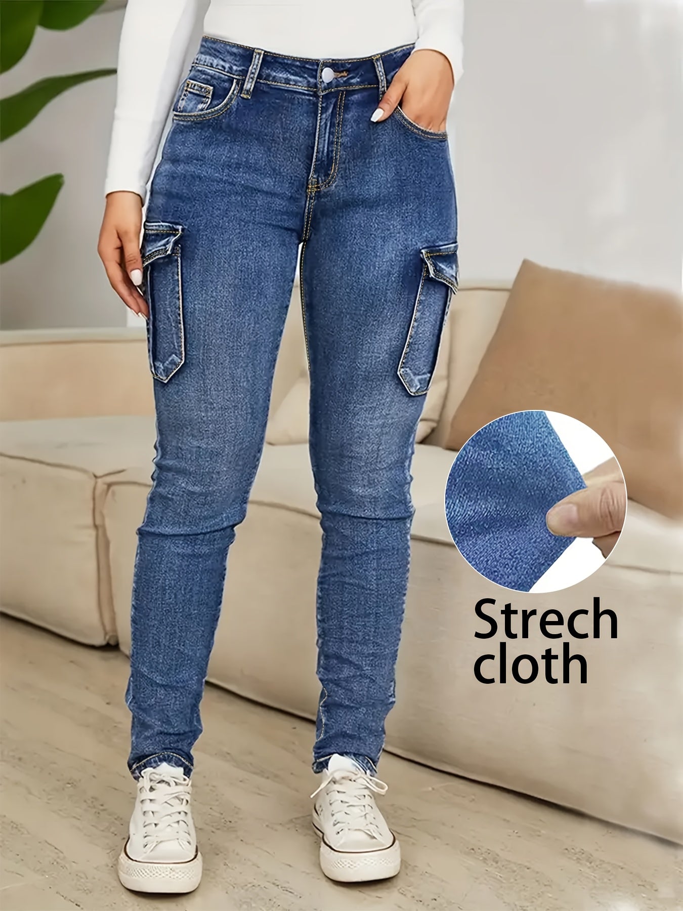 Plus Size - Women'S Plus Size High-Waist Stretchy Skinny Jeans with Pockets - Dark Blue Casual Tight Pants, Comfortable And Stylish for Casual Attire, High Waisted Jeans, Comfortable Clothing, Minimalist Design, Smooth Texture