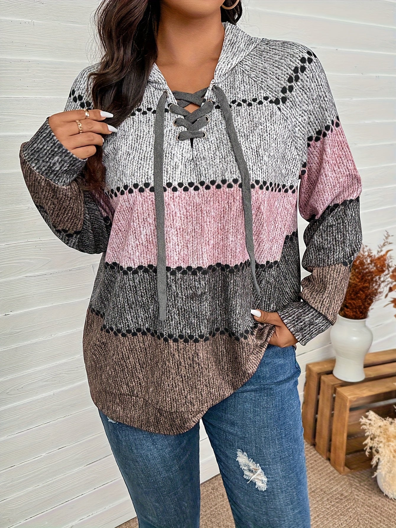 Plus Size, Plus Size Women's Oversized Hooded Sweater Sweatsuit - Thick Winter Warm Full-Zip Jacket-like Pullover with V-Neck Collar, Pink/Gray/Black/Beige Houndstooth Print, Machine Washable Cozy Sweater Jacket