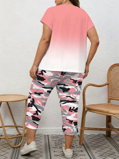 Plus Size, Spring/Summer Plus Size Women's 2pcs Set, Gradient Print And Queen Print, Round Neck Top with Capri Pants, Suitable for Home, Leis And Outings