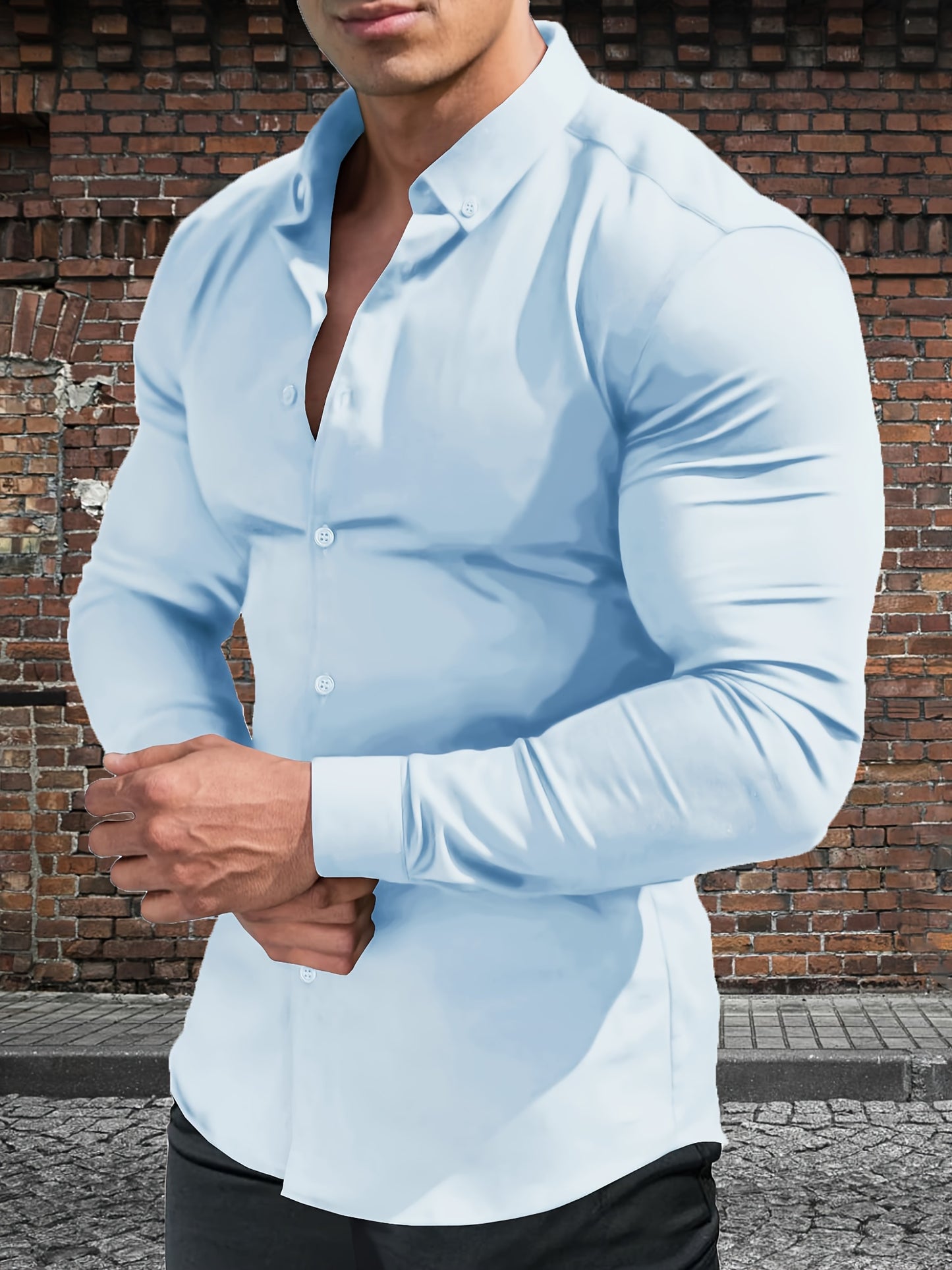 URRU Men's Muscle Fit Slim Stretch Dress Shirt - 4-Way Stretch Fabric (65% Rayon/25% Nylon/10% Spandex), Square Collar, Long Sleeve Button- Casual Shirt for All-Season Wear, Machine Washable Solid Color, Versatile Menswear, Classic Collar Design