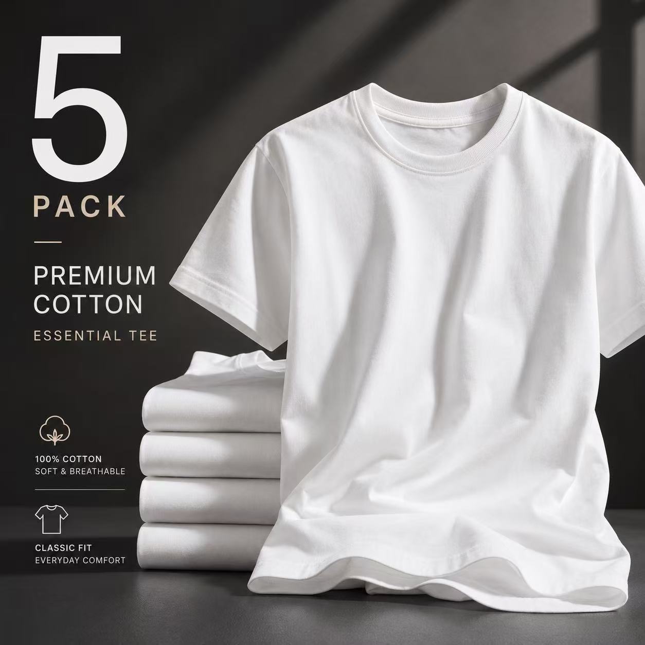 5 Pack Mens Cotton Crew Neck Regular T-Shirts Bulk Short Sleeve Lightweight Tees White Colors