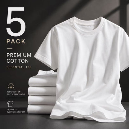 5 Pack Mens Cotton Crew Neck Regular T-Shirts Bulk Short Sleeve Lightweight Tees White Colors