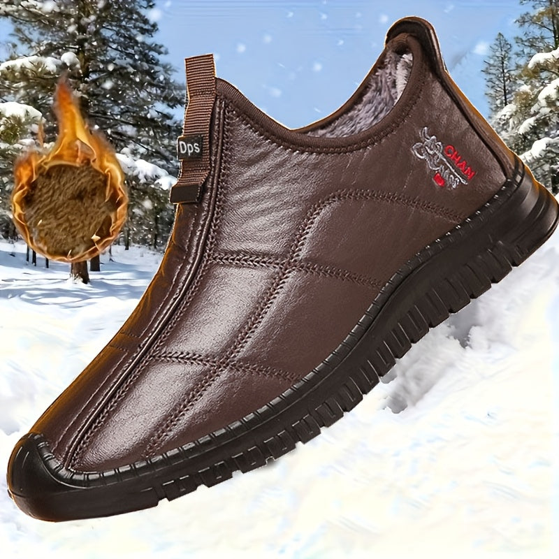 Men's Winter Warm Fleece-Lined Slip-On Walking Shoes, Casual Solid Color Mid-Top Fabric Sneakers with Round Toe and Anti-Slip PU Sole for Daily Use- Fall/Winter Collection