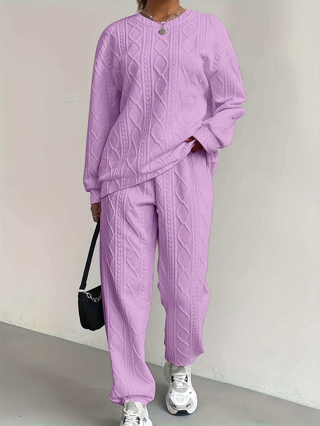 Women's Casual 2pcs Pullover Set - Consists Of A Textured Solid Color Jacquard Long-sleeve Crewneck Top And Sweatpants, High-quality Fabric, Women's Suit, Women's Summer Clothing, Sweatsuits Women 2pcs Women Clothing