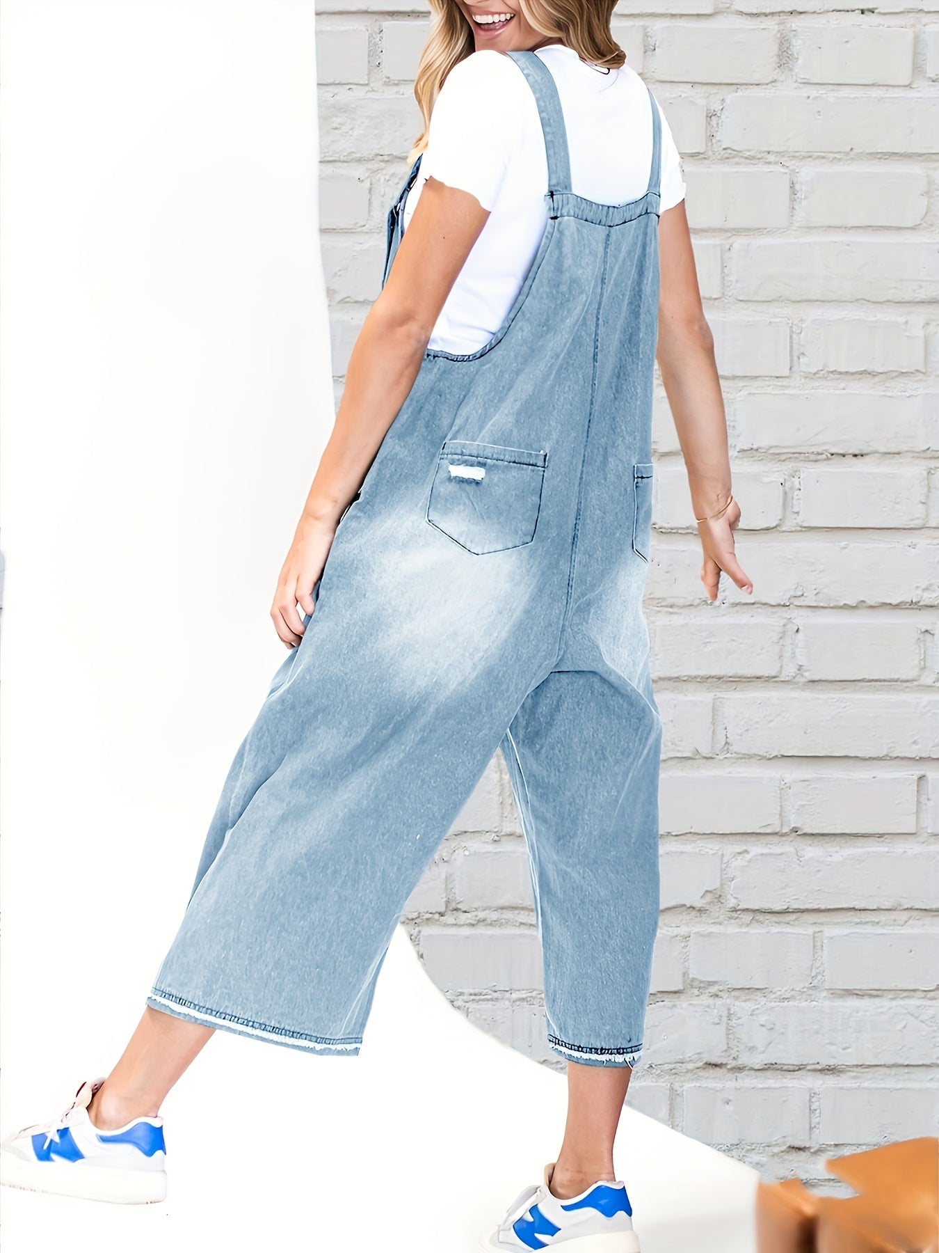 Women's Casual Denim Overalls Loose Adjustable Strap Distressed Bib Jeans Overall Jumpsuits with Pocket