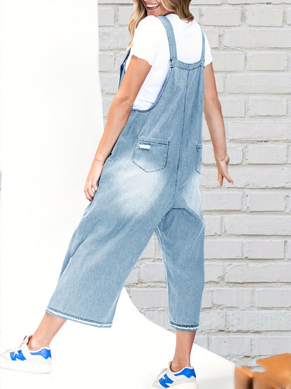 Women's Casual Denim Overalls Loose Adjustable Strap Distressed Bib Jeans Overall Jumpsuits with Pocket