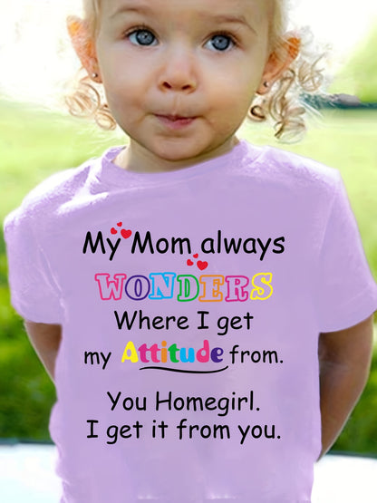 ' 100% Cotton "My Mom Always Wonders..." Letter Print T-Shirt - Cute Short Sleeve Round Neck Top with Asymmetrical Hem, White Casual Casual Attire & Play Outfits, Easy-Care Clothes (1-10 Years)