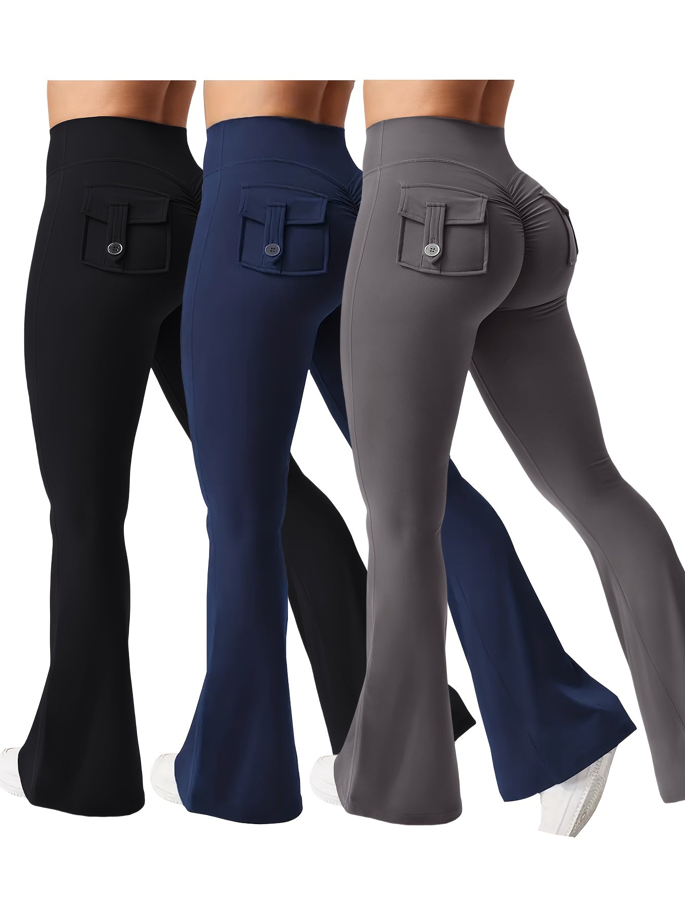 2025 New 3pcs Black Gray Green Trendy Work Attire Bell Bottom Trousers, Women'S Casual Flared Pants, High Waisted Pocket Activewear, Work Style Peach Hip Trousers, Quick Drying Belly Lifting Sports Pants with Flared Bottoms