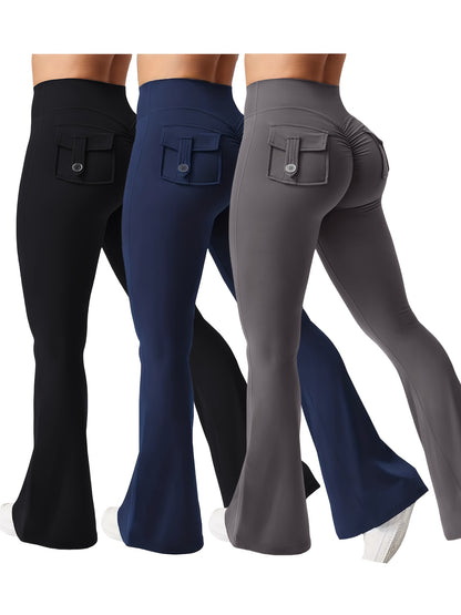 2025 New 3pcs Black Gray Green Trendy Work Attire Bell Bottom Trousers, Women'S Casual Flared Pants, High Waisted Pocket Activewear, Work Style Peach Hip Trousers, Quick Drying Belly Lifting Sports Pants with Flared Bottoms