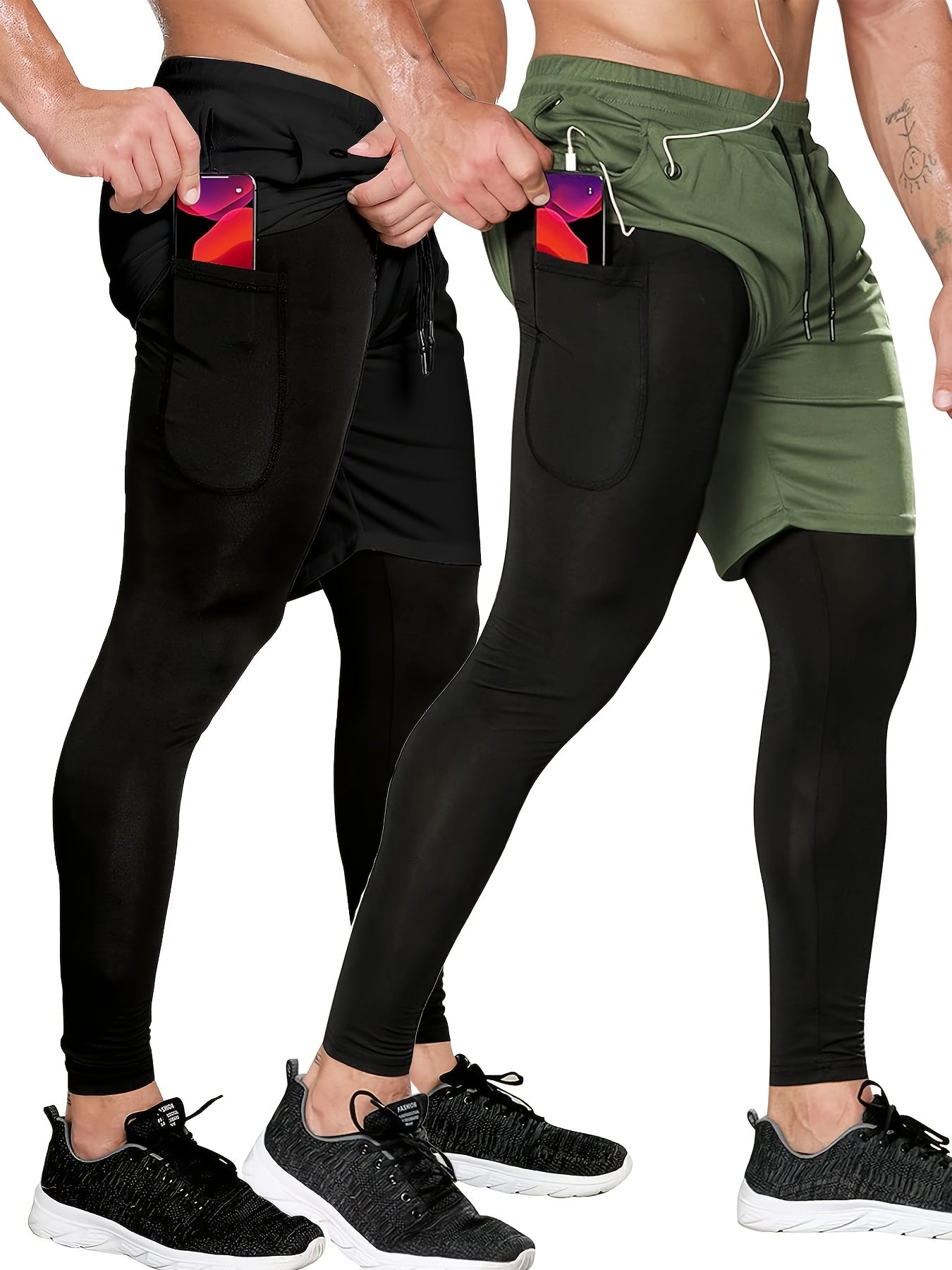 Set of 2 Men'S 2-In-1 Running And Workout Pants Designed for Gym Use, Featuring a Towel Loop