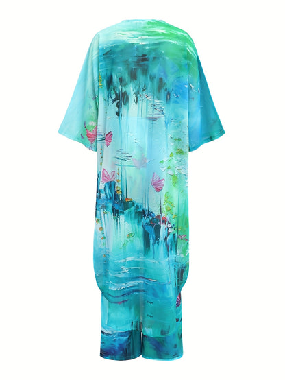 Women's casual sportswear shirt two-piece set, holiday printed casual set