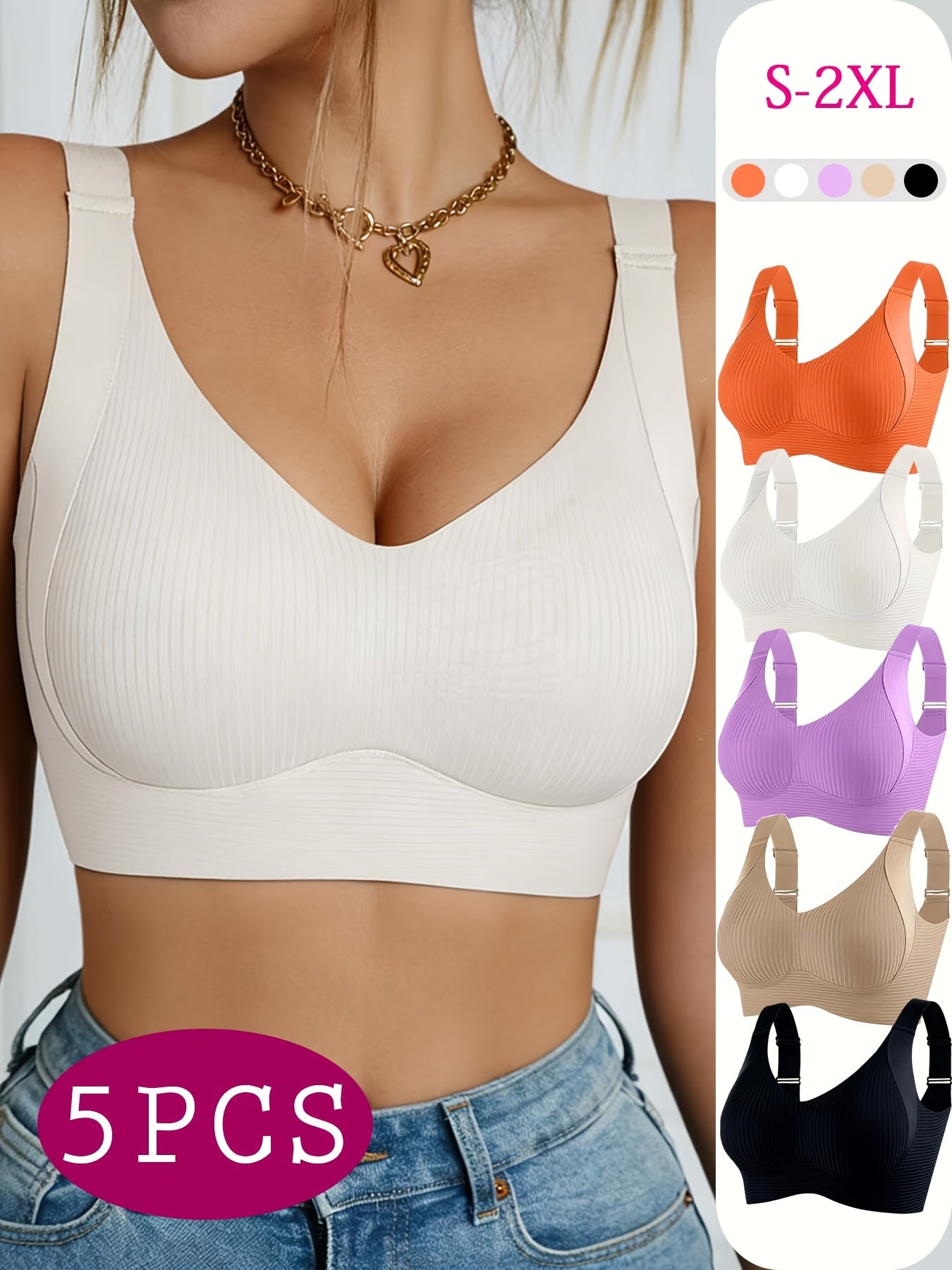 5pcs Ribbed Wireless Bra - High Elastic, Breathable & Strong Support | Comfortable No-Squeeze for Daily Wear, Yoga & Gym Workouts