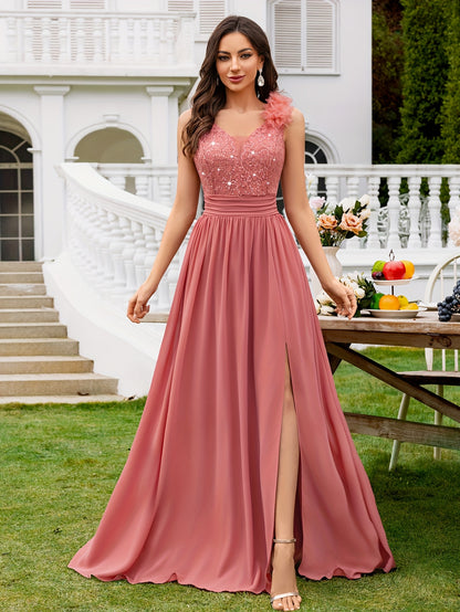 24451A Elegant Womens Mesh Deep V Neck Sequin Lace Maxi Dress, Sleeveless Applique Shoulder, Back V Neck, Ruched A Line Waist, High Thigh Slit Hem, Perfect For Formal Wedding Guest, Prom, Bridesmaid Party, Graduation Season, Wedding Season